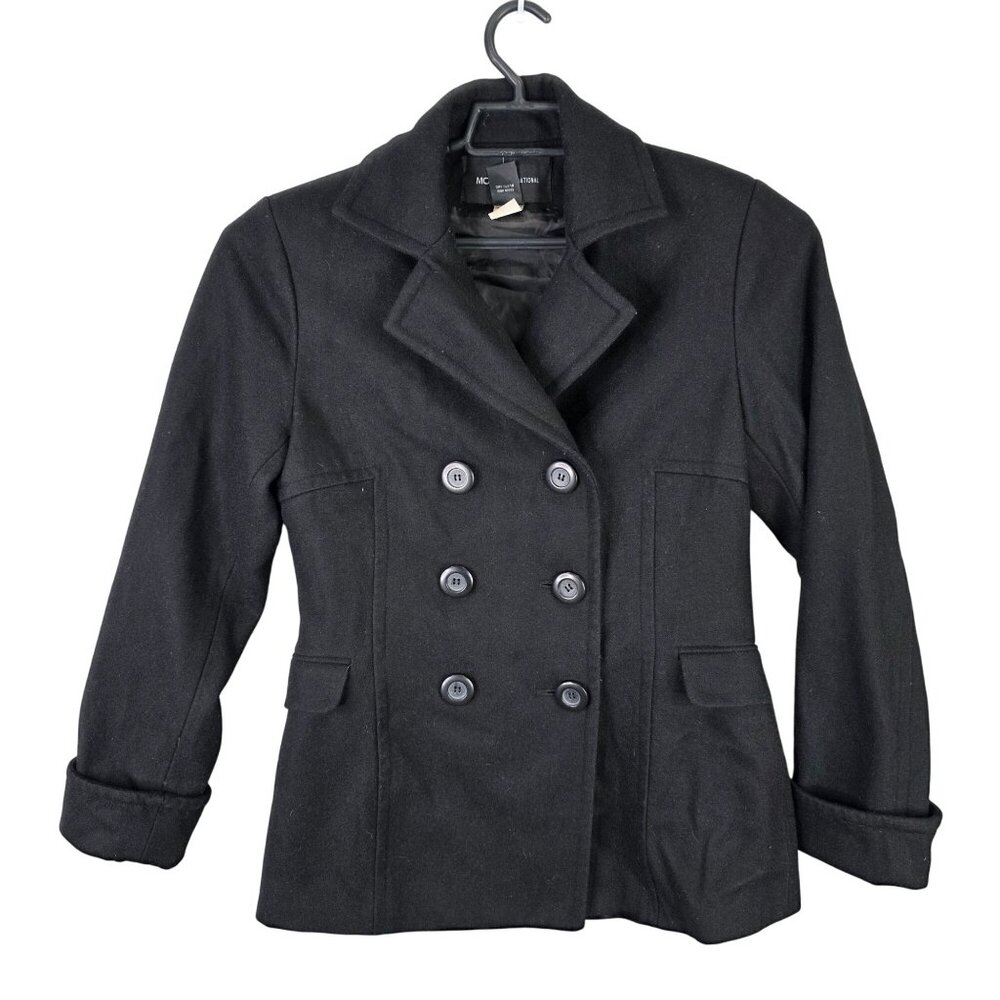 Womens Moda International Black Double-Breasted Wool Blend Jacket Size M